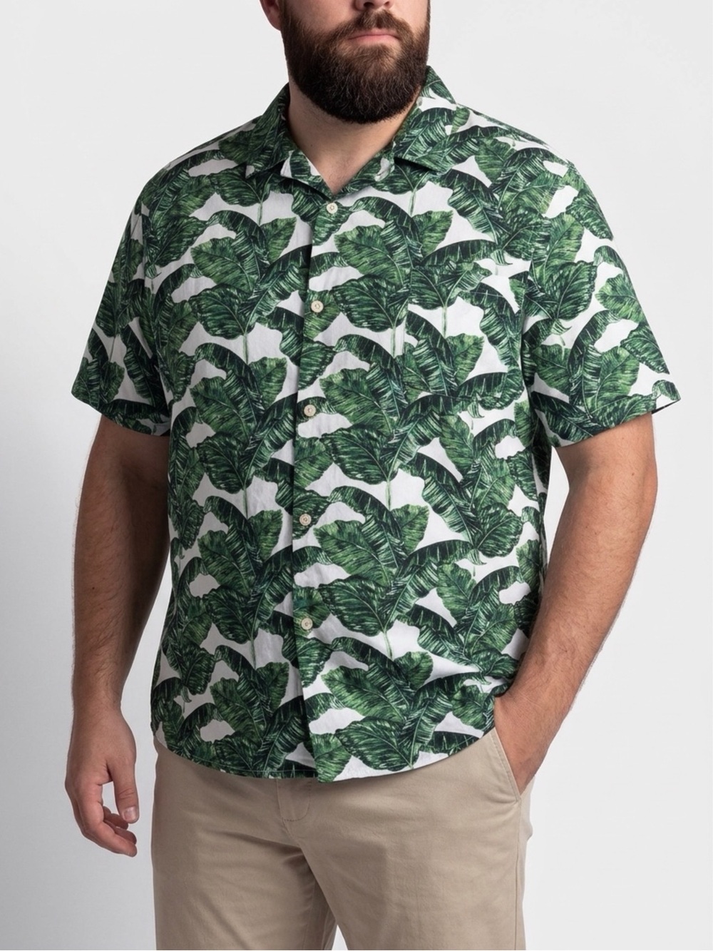 28 Palms Green Palm Leaf Print Relaxed Fit Hawaiian Shirt